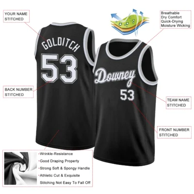 Alternative view of Custom Black White-Silver Gray Round Neck Rib-Knit Basketball Jersey for Men