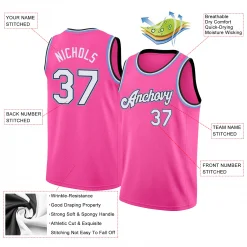 Alternative view of Custom Pink White-Light Blue Round Neck Rib-Knit Basketball Jersey