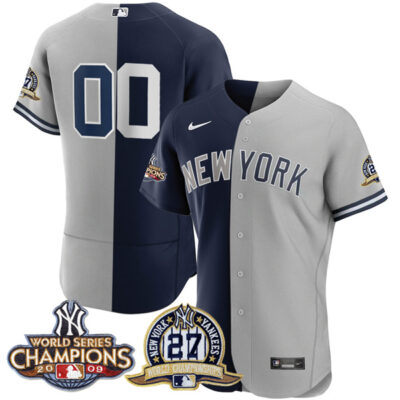 Custom New York Yankees 27 Times World Series Champions Split Gray/ Navy Jersey - All Stitched