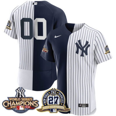New York Yankees 27 Times World Series Champions Custom Split White/ Navy Jersey - All Stitched