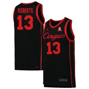 J'Wan Roberts #13 Houston Cougars College Basketball Black Courgar Game Jersey - All Stitched