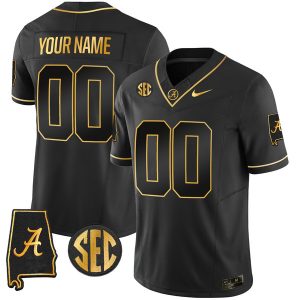 Alabama Crimson Tide “Alabama Map” Stitched Custom Jersey – Black Gold
