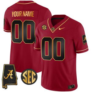 Alabama Crimson Tide “Alabama Map” Stitched Custom Jersey – Crimson Gold