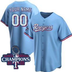 Alternative view of Texas Rangers 2023 World Series Light Blue Custom Jersey - All Stitched