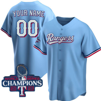 Alternative view of Texas Rangers 2023 World Series Light Blue Custom Jersey - All Stitched