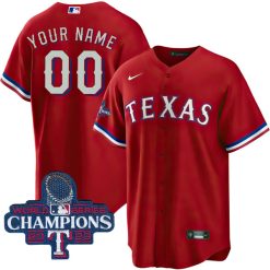 Alternative view of Texas Rangers 2023 World Series Red Custom Jersey - All Stitched