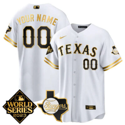 Custom Texas Rangers Gold Edition 2023 World Series Patch White Jersey - All Stitched