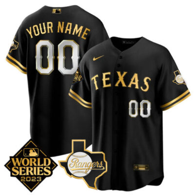 Custom Texas Rangers Black and Gold 2023 World Series Jersey - All Stitched