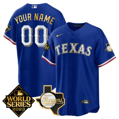 Custom Texas Rangers Gold Edition 2023 World Series Patch Royal Jersey - All Stitched