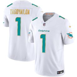 Alternative view of Tua Tagovailoa Miami Dolphins White "Gold Trim" Vapor F.U.S.E Limited Jersey - All Stitched