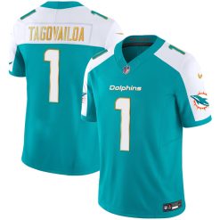 Alternative view of Tua Tagovailoa Miami Dolphins Alternate Aqua "Gold Trim" Vapor F.U.S.E Limited Jersey - All Stitched