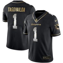 Alternative view of Tua Tagovailoa Miami Dolphins Alternate Black Gold Vapor Untouchable Limited Jersey - All Stitched