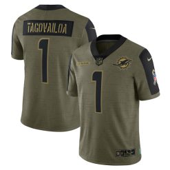 Alternative view of Tua Tagovailoa Miami Dolphins Olive 2021 Salute To Service Jersey - All Stitched