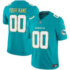 Alternative view of Custom Miami Dolphins Aqua "Gold Trim" Vapor F.U.S.E Limited Jersey - All Stitched