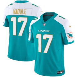 Alternative view of Jaylen Waddle Miami Dolphins Alternate Aqua "Gold Trim" Vapor F.U.S.E Limited Jersey - All Stitched
