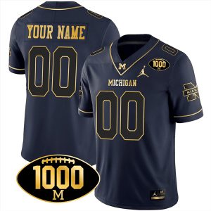 Michigan Wolverines 1000 Wins Patch Custom Stitched Limited Jersey - Navy Gold
