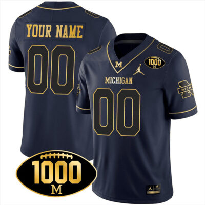 Michigan Wolverines 1000 Wins Patch Custom Stitched Limited Jersey - Navy Gold