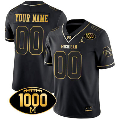 Michigan Wolverines 1000 Wins Patch Custom Stitched Limited Jersey - Black Gold