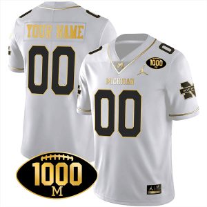 Michigan Wolverines 1000 Wins Patch Custom Stitched Limited Jersey - White Gold