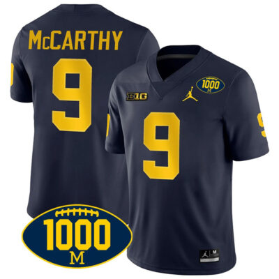 J.J. McCarthy Michigan Wolverines 1000 Wins Patch Stitched Game Jersey - Navy