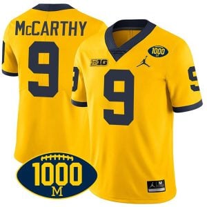 J.J. McCarthy Michigan Wolverines 1000 Wins Patch Stitched Game Jersey - Maize