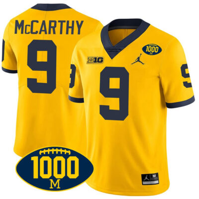 J.J. McCarthy Michigan Wolverines 1000 Wins Patch Stitched Game Jersey - Maize