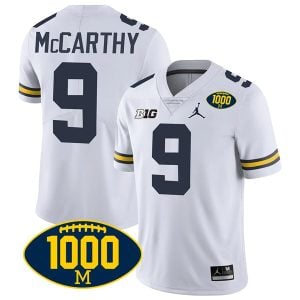 J.J. McCarthy Michigan Wolverines 1000 Wins Patch Stitched Game Jersey - White