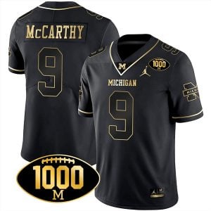J.J. McCarthy Michigan Wolverines 1000 Wins Patch Stitched Limited Jersey - Black Gold