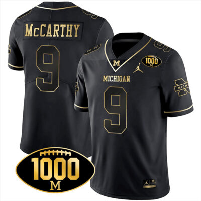 J.J. McCarthy Michigan Wolverines 1000 Wins Patch Stitched Limited Jersey - Black Gold