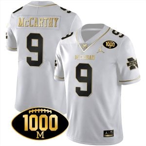 J.J. McCarthy Michigan Wolverines 1000 Wins Patch Stitched Limited Jersey - White Gold