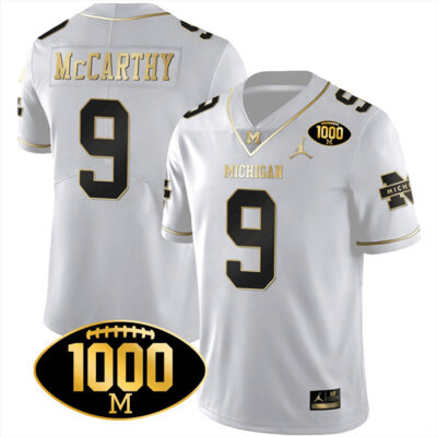 J.J. McCarthy Michigan Wolverines 1000 Wins Patch Stitched Limited Jersey - White Gold