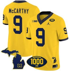 J.J. McCarthy Michigan Wolverines 1000 Wins Patch Stitched Vapor F.U.S.E Limited Jersey - Maize