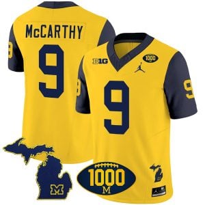 J.J. McCarthy Michigan Wolverines 1000 Wins Patch Stitched Vapor F.U.S.E Limited Jersey - Navy Sleeve