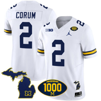 Blake Corum Michigan Wolverines 1000 Wins Patch Stitched Vapor F.U.S.E Limited Jersey - White