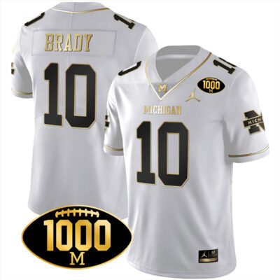 Tom Brady Michigan Wolverines 1000 Wins Patch Stitched Limited Jersey - White Gold