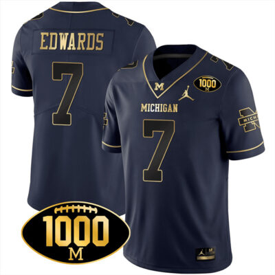 Donovan Edwards Michigan Wolverines 1000 Wins Patch Stitched Limited Jersey - Navy Gold