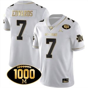 Donovan Edwards Michigan Wolverines 1000 Wins Patch Stitched Limited Jersey - White Gold