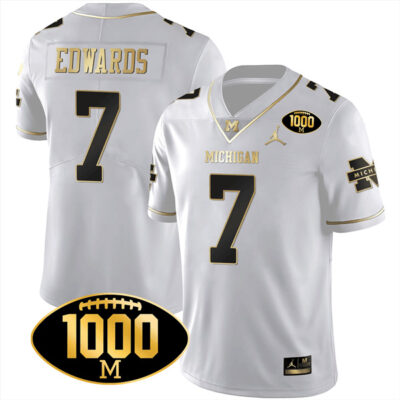Donovan Edwards Michigan Wolverines 1000 Wins Patch Stitched Limited Jersey - White Gold