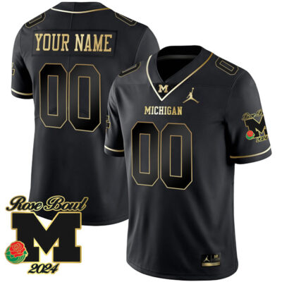 Michigan Wolverines 2024 Rose Bowl Champions Black Gold Custom Jersey - All Stitched