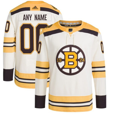 Custom Boston Bruins Hockey 100th Anniversary Cream Jersey - All Stitched
