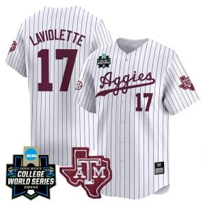 Jace Laviolette Texas A&M College Baseball World Series Jersey - White Pinstripe