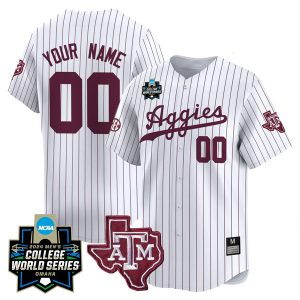 Custom Texas A&M College Baseball World Series White Pinstripe Jersey - All Stitched
