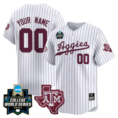 Custom Texas A&M College Baseball World Series White Pinstripe Jersey - All Stitched