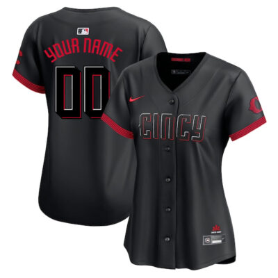Alternative view of Custom Cincinnati Reds Black City Connect Jersey - All Stitched