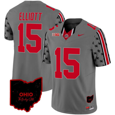 Ezekiel Elliott Ohio State Buckeyes Football Ohio Patch Grey Jersey - All Stitched
