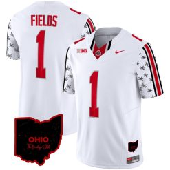 Justin Fields Ohio State Buckeyes Football Ohio Patch White Jersey - All Stitched