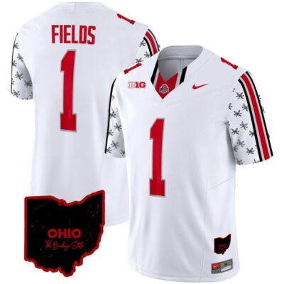 Justin Fields Ohio State Buckeyes Football Ohio Patch White Jersey - All Stitched
