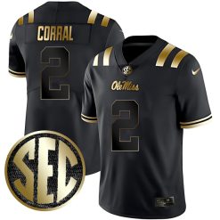 Matt Corral Ole Miss Rebels Football Black Gold Jersey - All Stitched