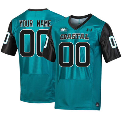 Custom Coastal Carolina Chanticleers Football Teal Home Jersey w/ SBC Patch - All Stitched