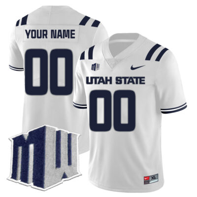 Custom Utah State Aggies Football White Away Jersey w/ MWC Patch - All Stitched